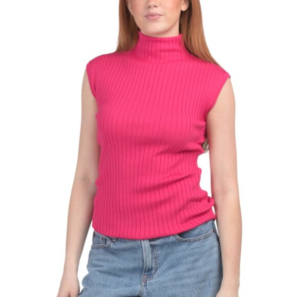 Cable & Gauge Sweaters - CABLE & GAUGE Ribbed Funnel Neck Cap Sleeve Sweater